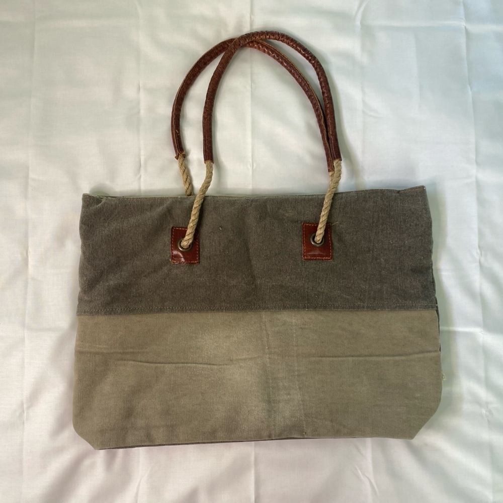 Mona B Canvas Patchwork Tote Bag in Brown and Olive - Picture 7 of 8